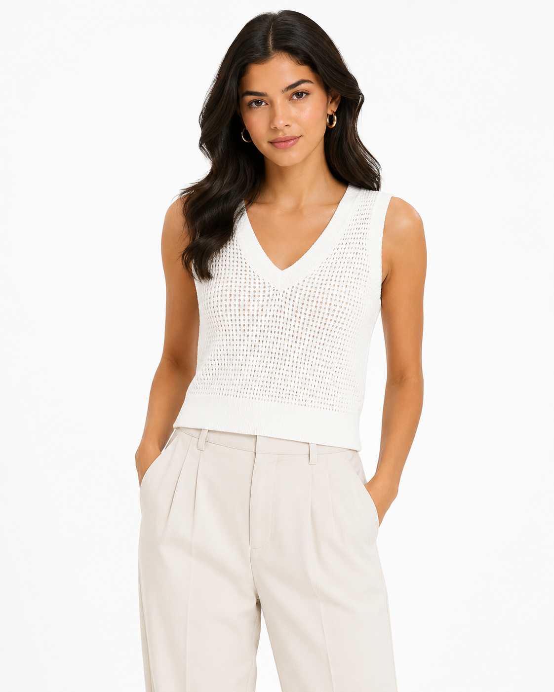 Women’s Ivory Open-Knit V-Neck Sweater Vest