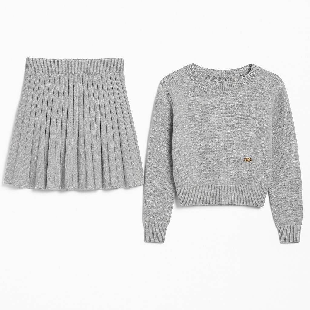 Light Grey Pleated Knit Skirt and Sweater Set
