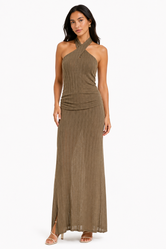 Women’s Taupe Eyelet Halter Top & Maxi Skirt Set
