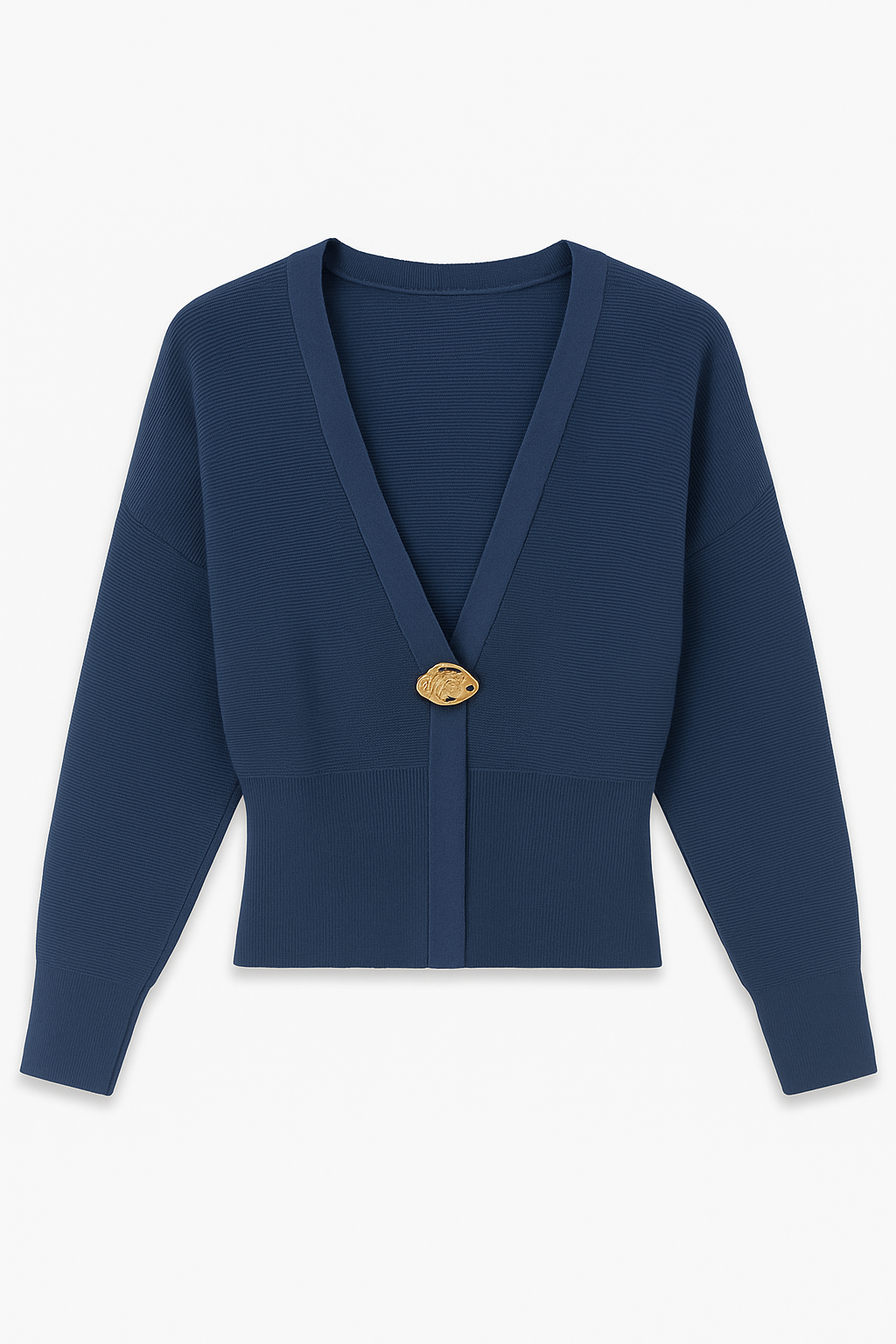 Navy Knit Top with Gold Medallion Closure