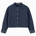 Navy Wool Bomber Jacket with Checked Cuffs