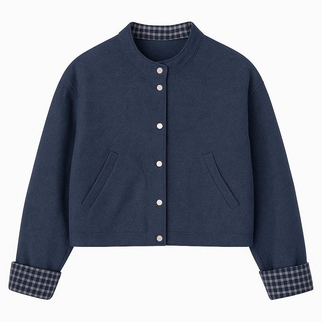 Navy Wool Bomber Jacket with Checked Cuffs