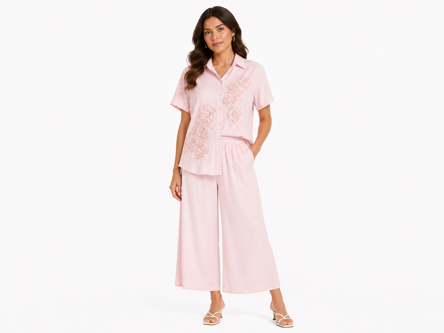 Blush pink floral shirt& wide-leg pants set