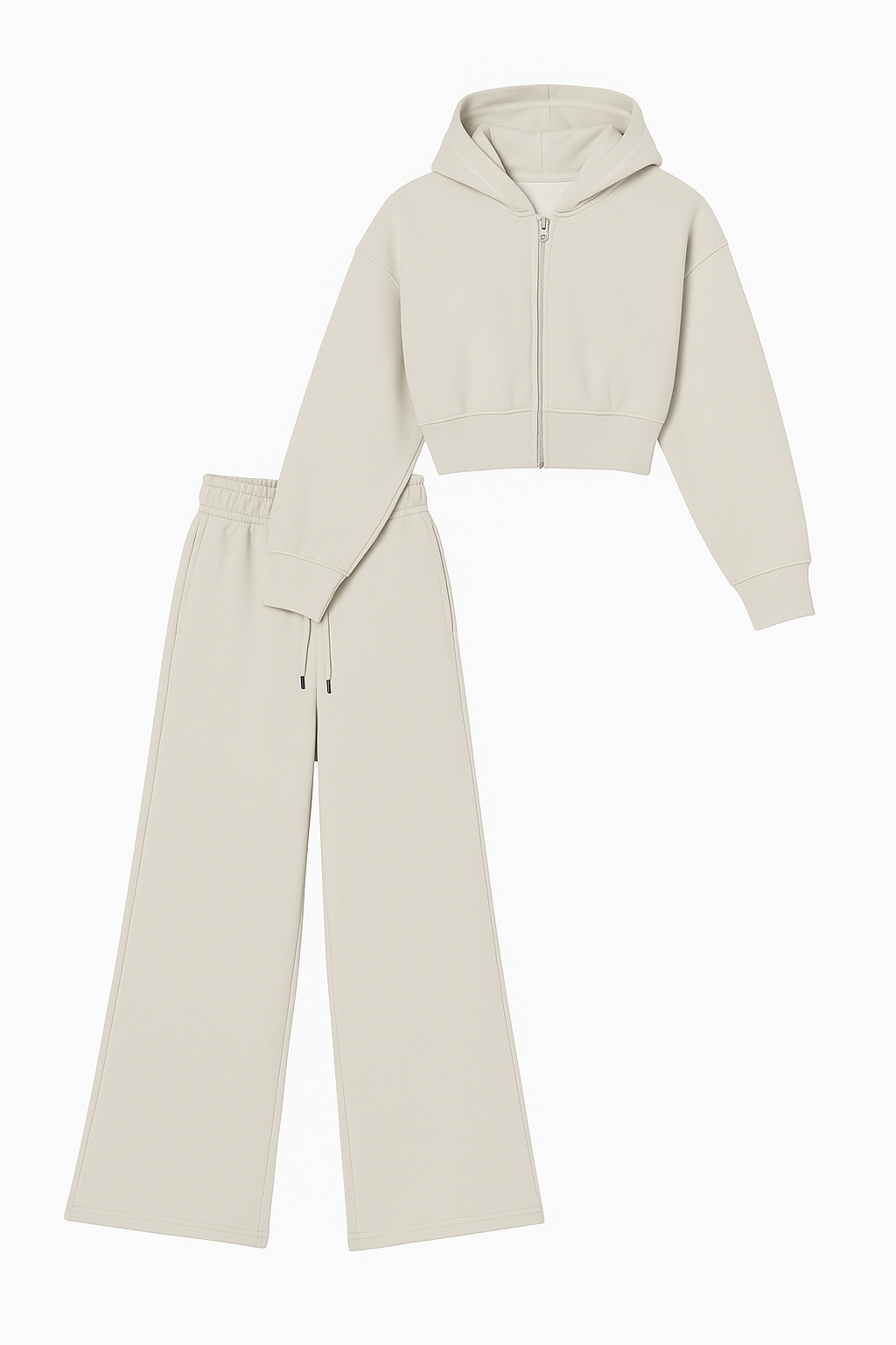 Beige Cropped Hoodie and Wide-Leg Pants Set