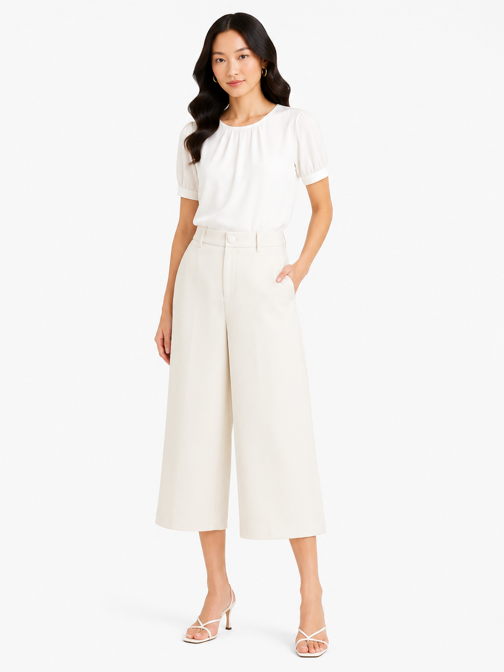 Women elegant white wide-leg trousers
