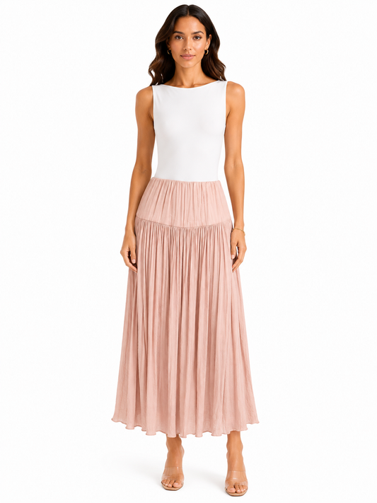 Blush pink pleated maxi skirt