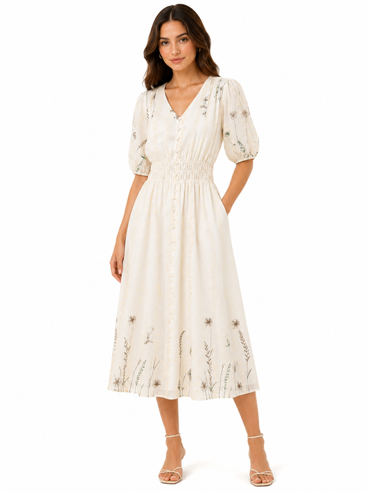 Women’s Cream Embroidered Button-Front Midi Dress