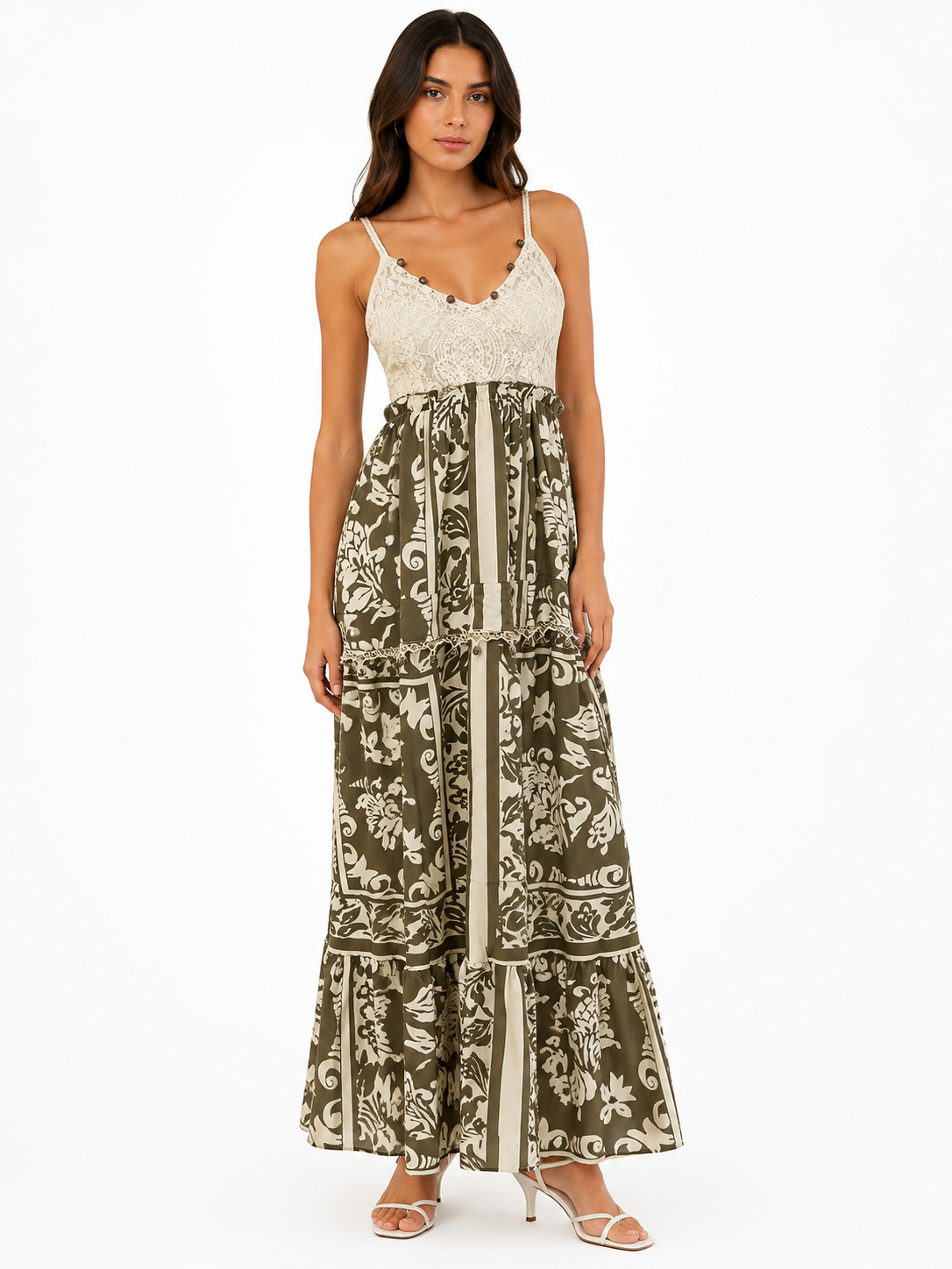 Women boho lace floral maxi dress