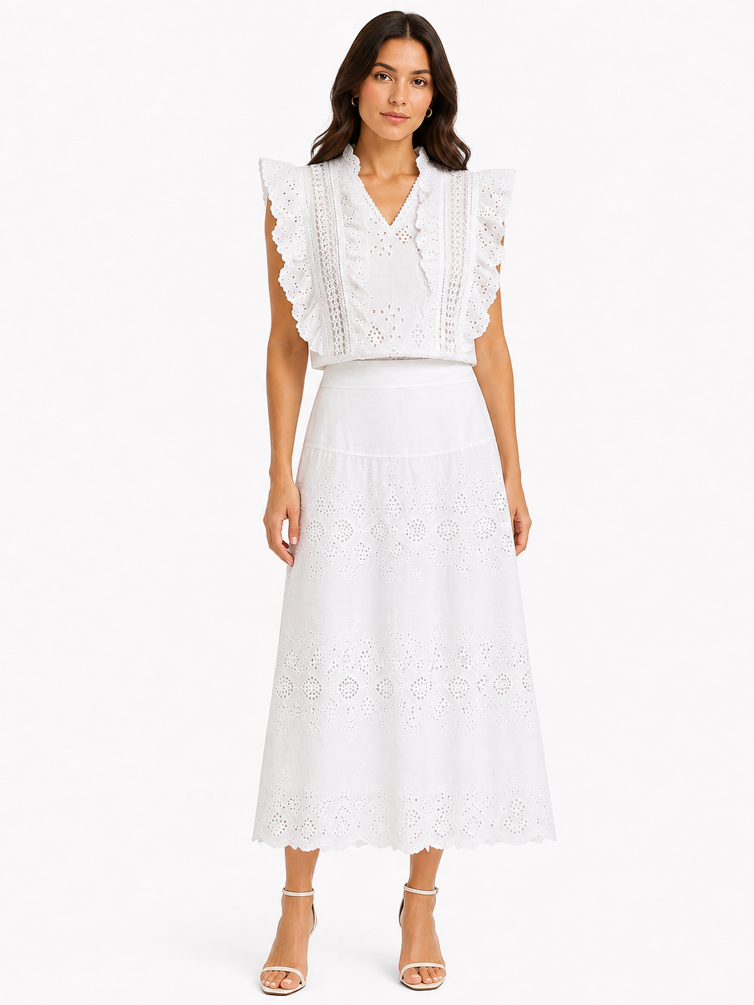 Women’s White Eyelet Lace Blouse & Midi Skirt Set