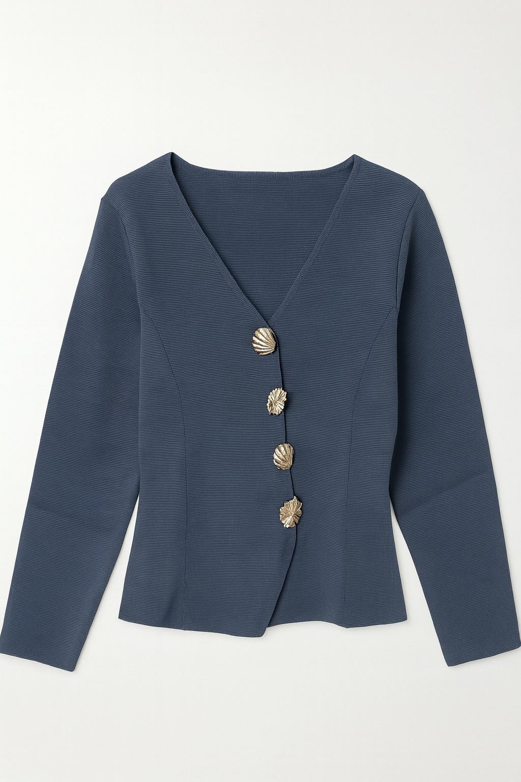 Slate Blue Knit Top with Gold Shell Buttons