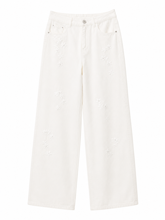 Embellished white wide-leg pants