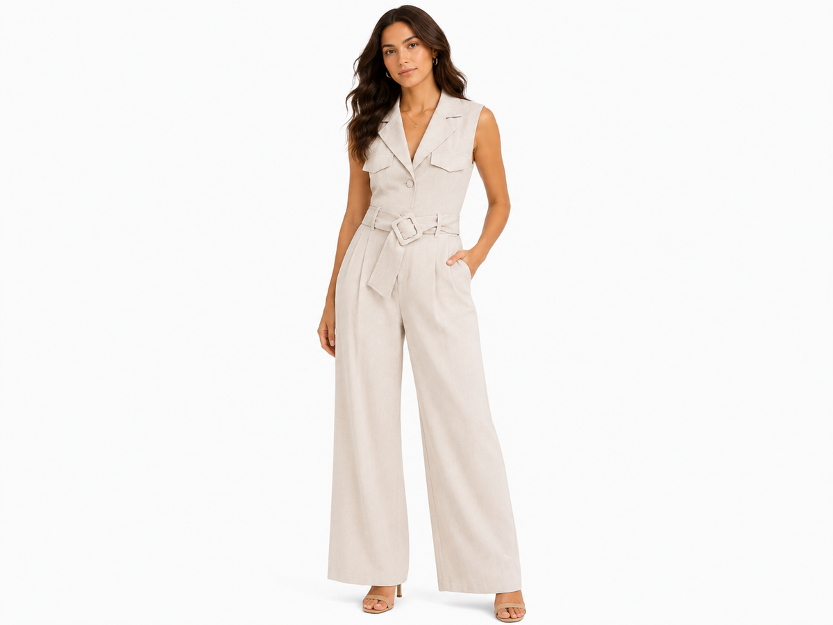 Women beige belted vest& wide-leg pants co-ord set