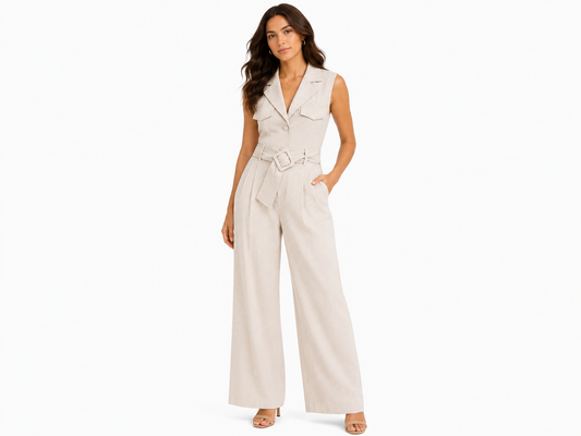 Women beige belted vest& wide-leg pants co-ord set