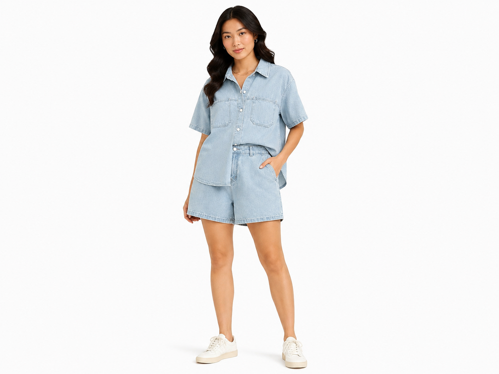 Women light wash denim shirt& shorts set