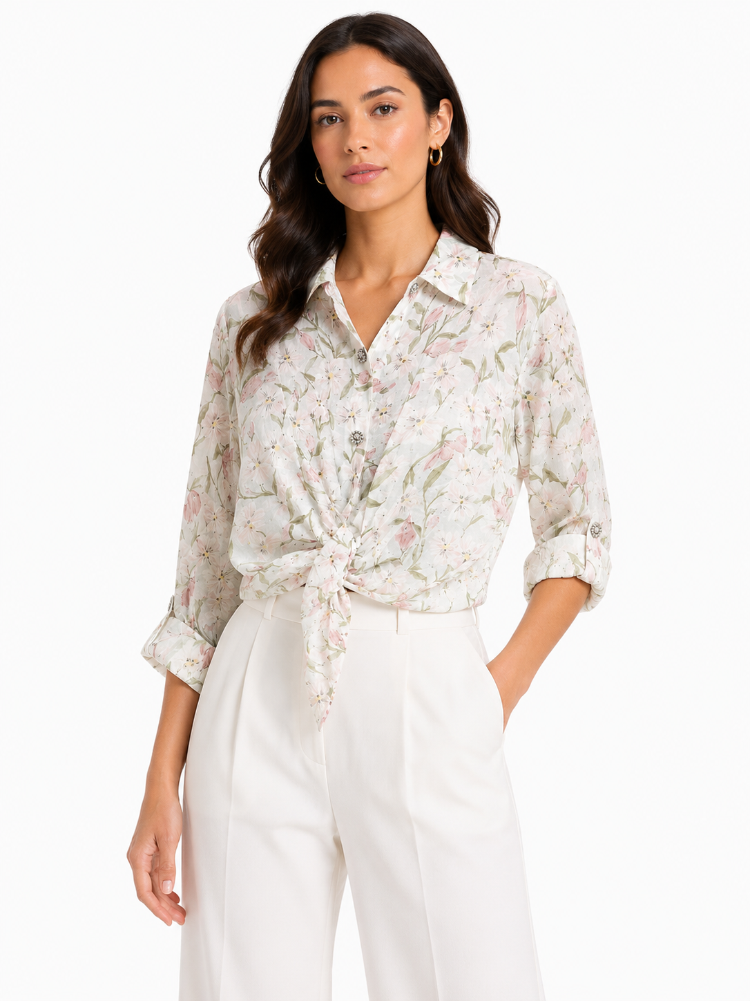 Pastel floral tie-front blouse
