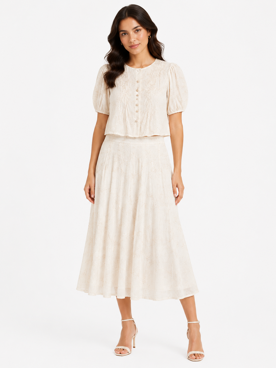 Women embroidered tow-piece skirt set-ivory