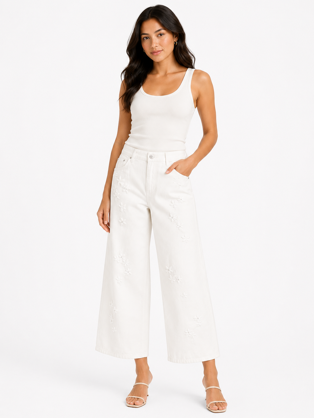 Embellished white wide-leg pants