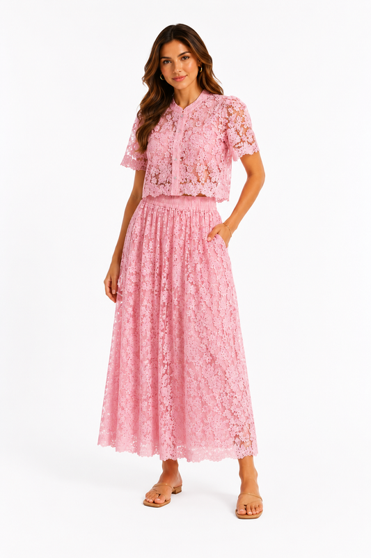 Blush pink floral lace skirt & cropped blouse set