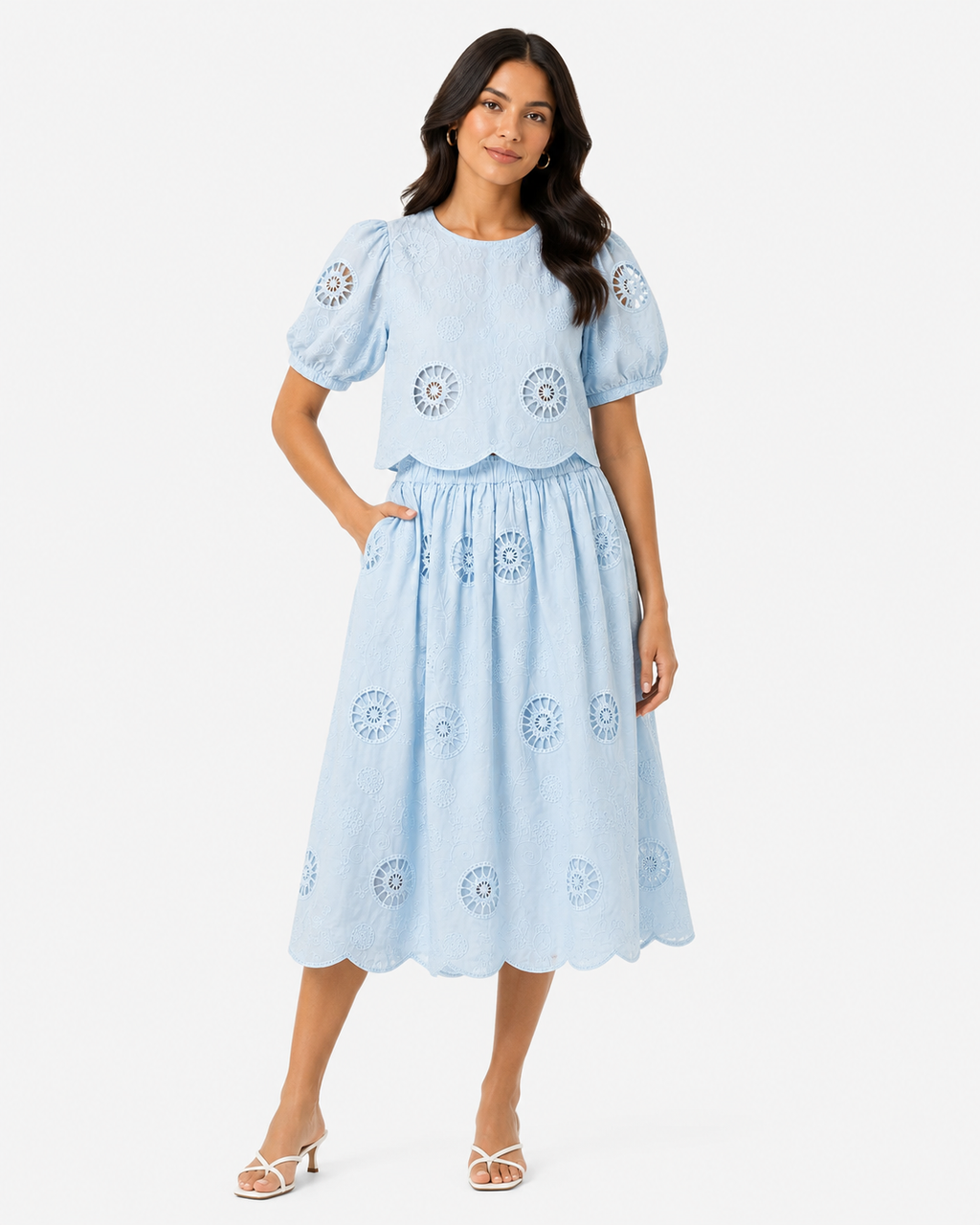 Women pastel blue embroidered two-piece skirt set
