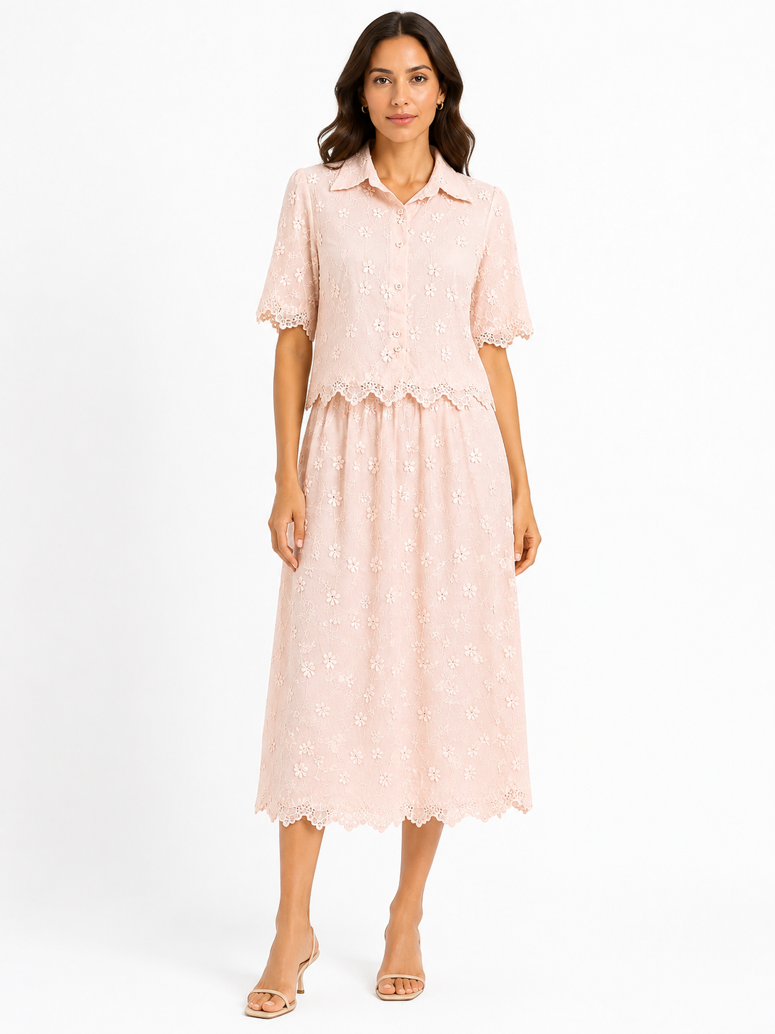 Blush blossom embroidered lace skirt set