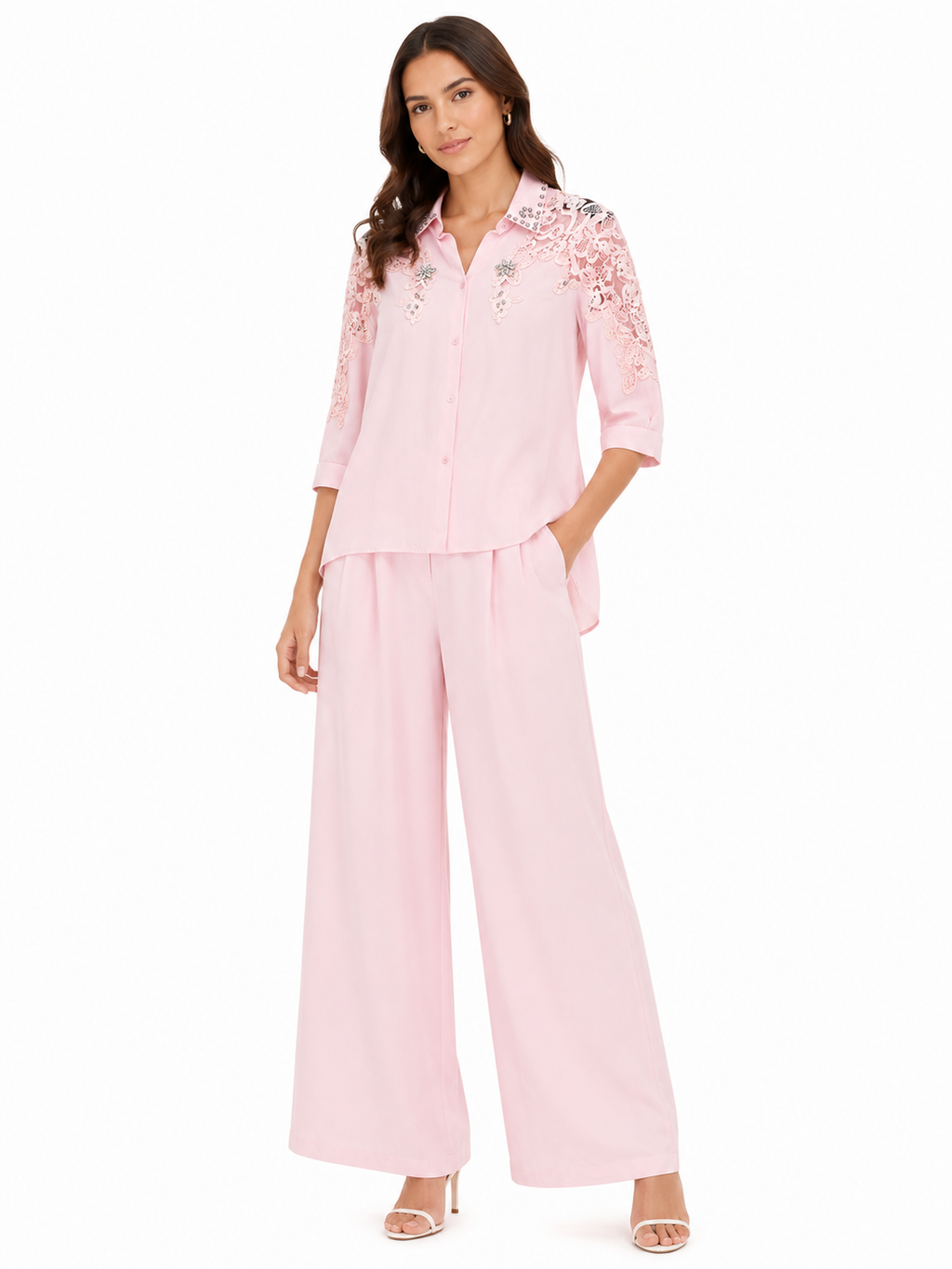Blush pink lace embellished shirt& wide-leg pants set
