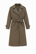 Wool Blend Long Trench Coat in Olive Brown