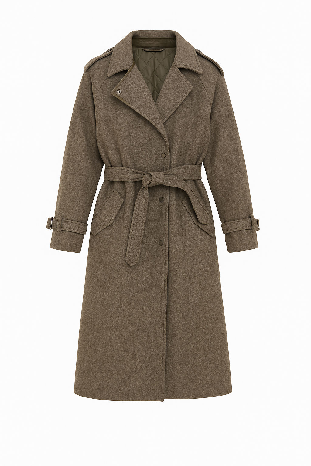 Wool Blend Long Trench Coat in Olive Brown