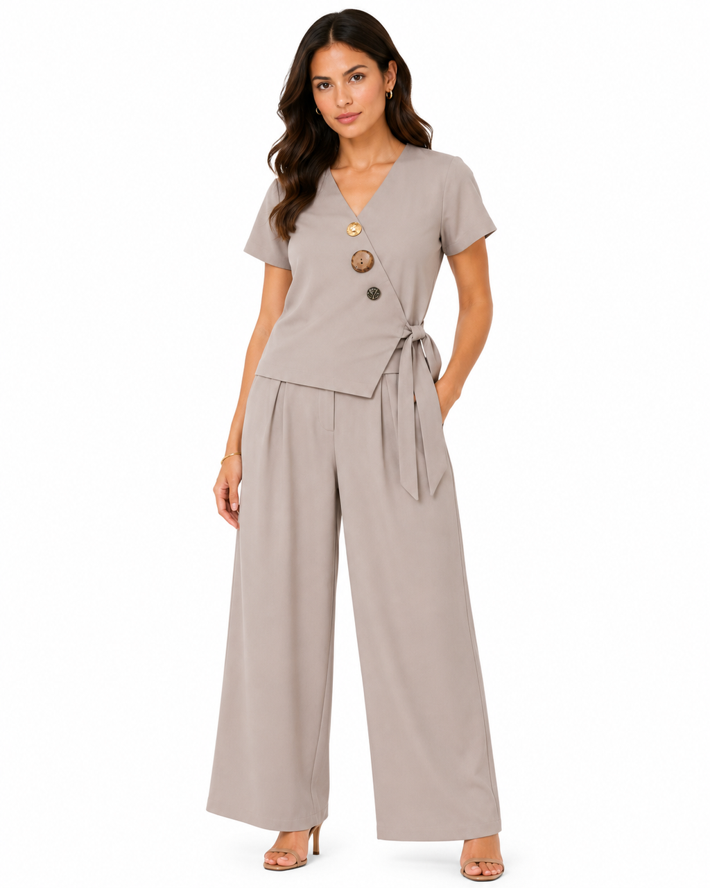 Women’s Taupe Button-Detail Wrap Top & Wide-Leg Pants Set