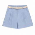Sky blue belted pleated shorts
