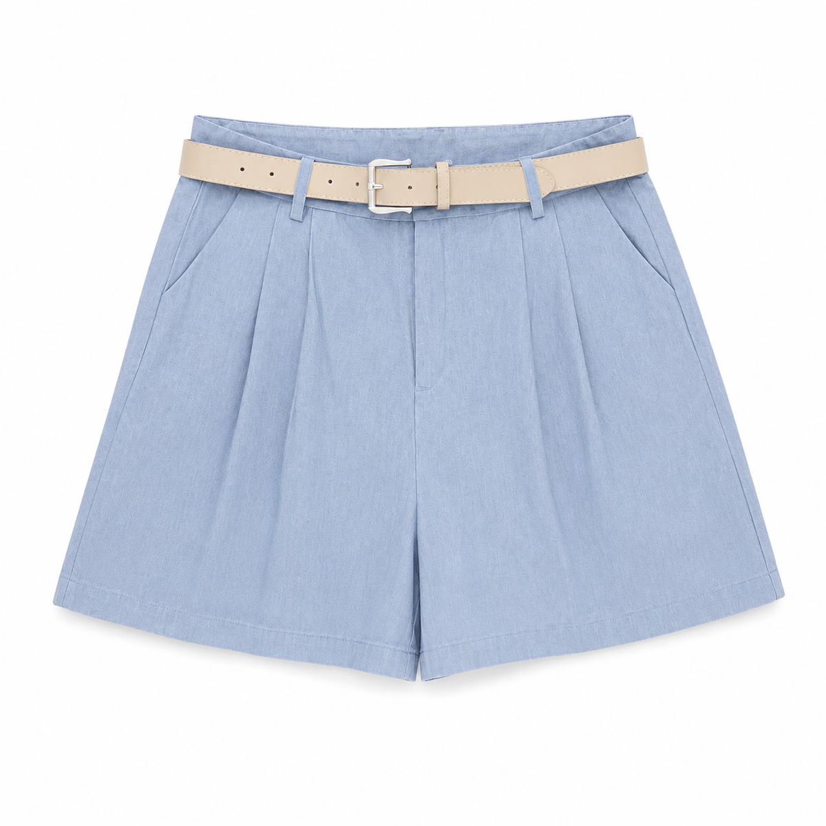 Sky blue belted pleated shorts