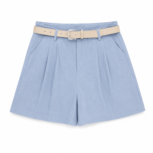 Sky blue belted pleated shorts