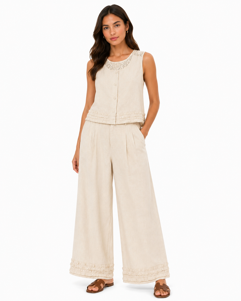 Women’s Beige Linen Lace Vest & Wide-Leg Pants Set