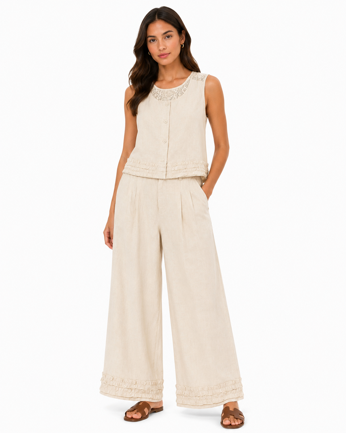 Women’s Beige Linen Lace Vest & Wide-Leg Pants Set