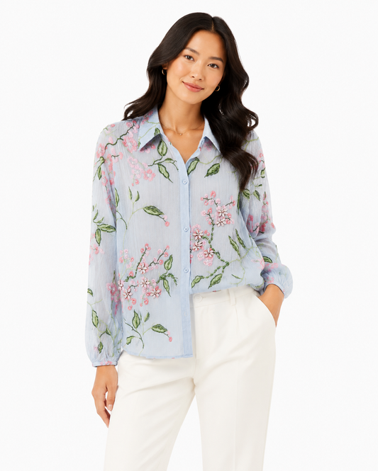 Women’s Light Blue Floral Embroidered Button-Up Blouse