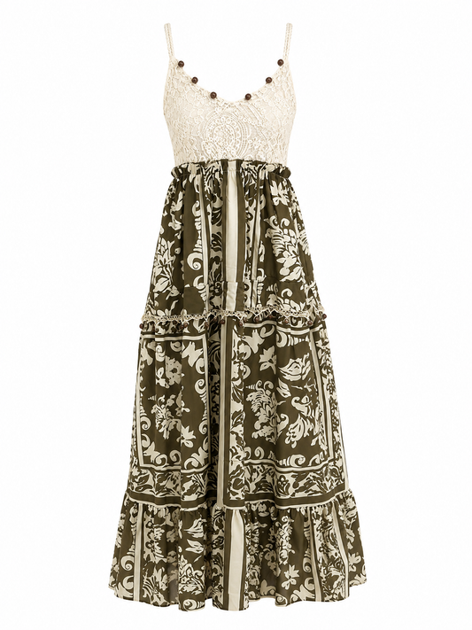 Women boho lace floral maxi dress