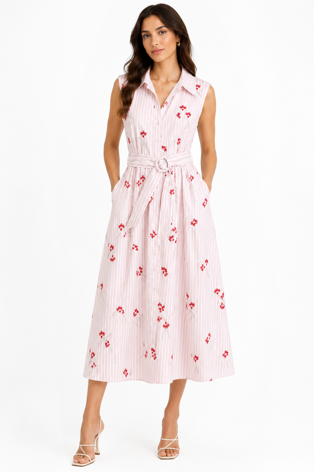 Blush pink floral stripe belted shirt midi drees