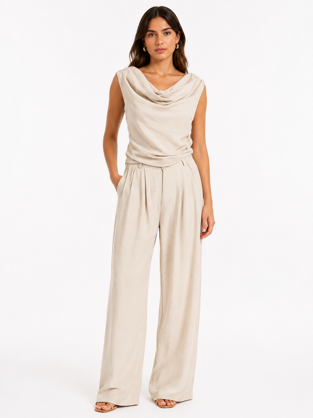 Beige cowl-neck top& wide-leg pants set