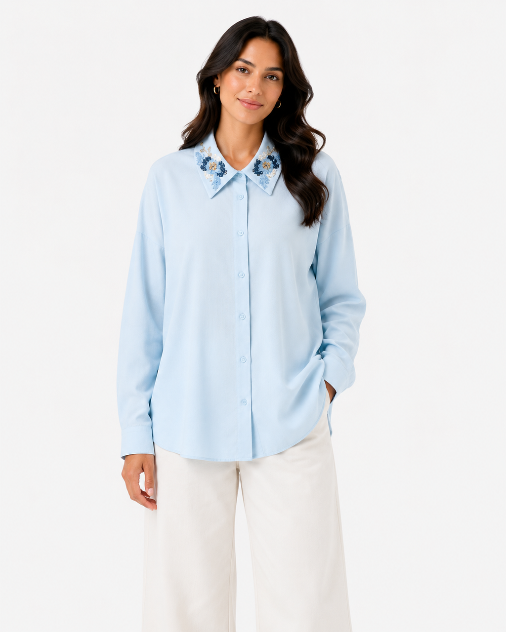 Women pastel blue embellished collar shirt