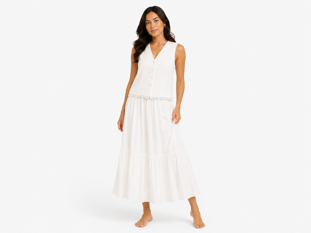 Women white vest& flowy maxi skirt set