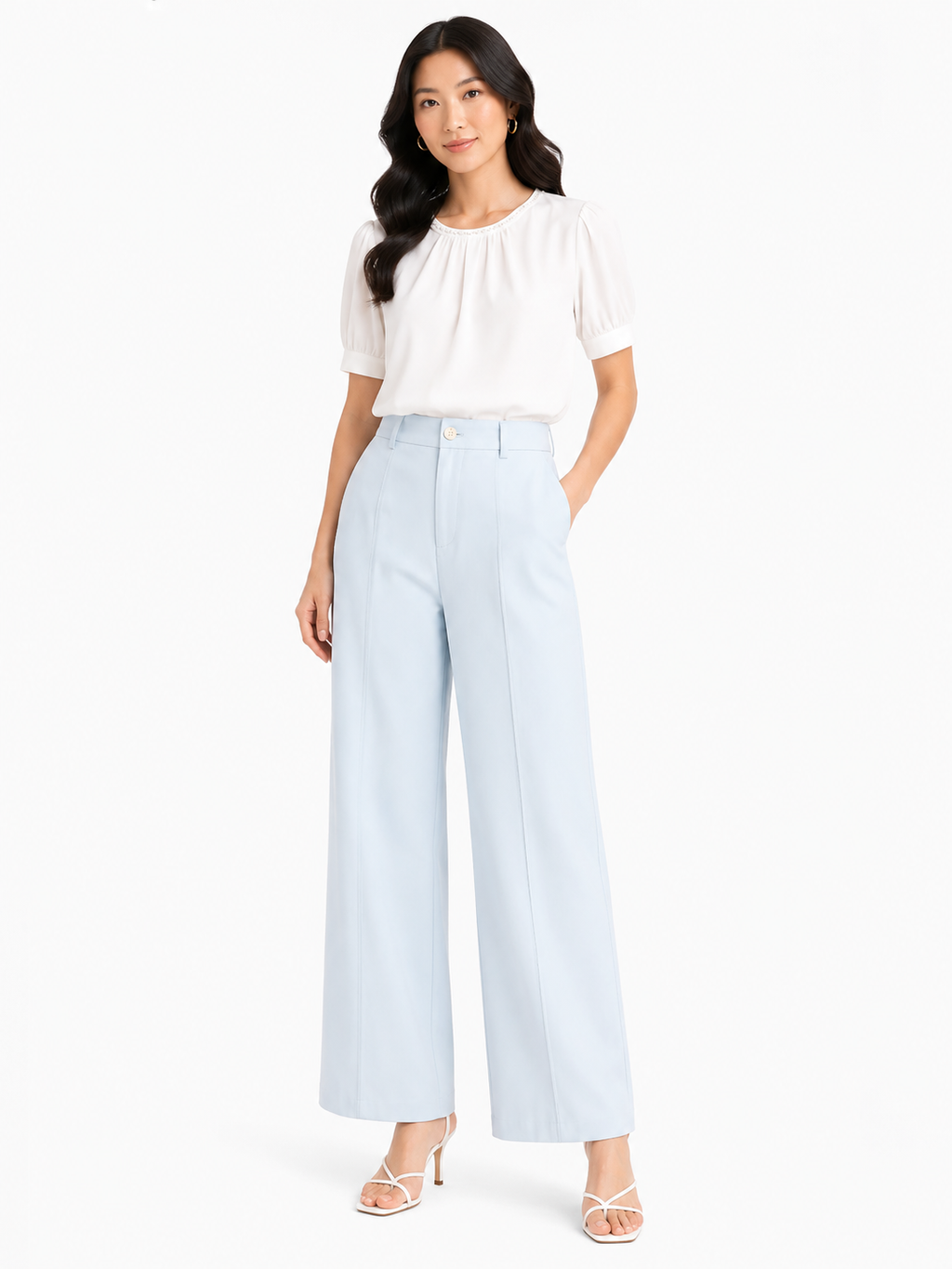 Women light blue wide-leg cropped trouseres