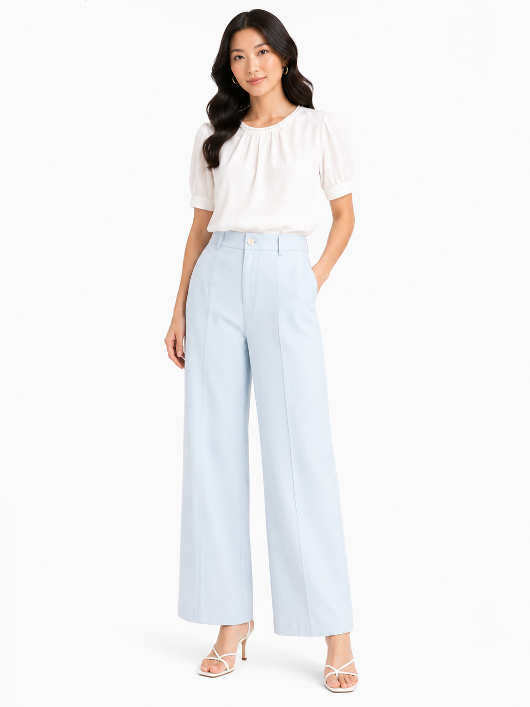 Women light blue wide-leg cropped trouseres