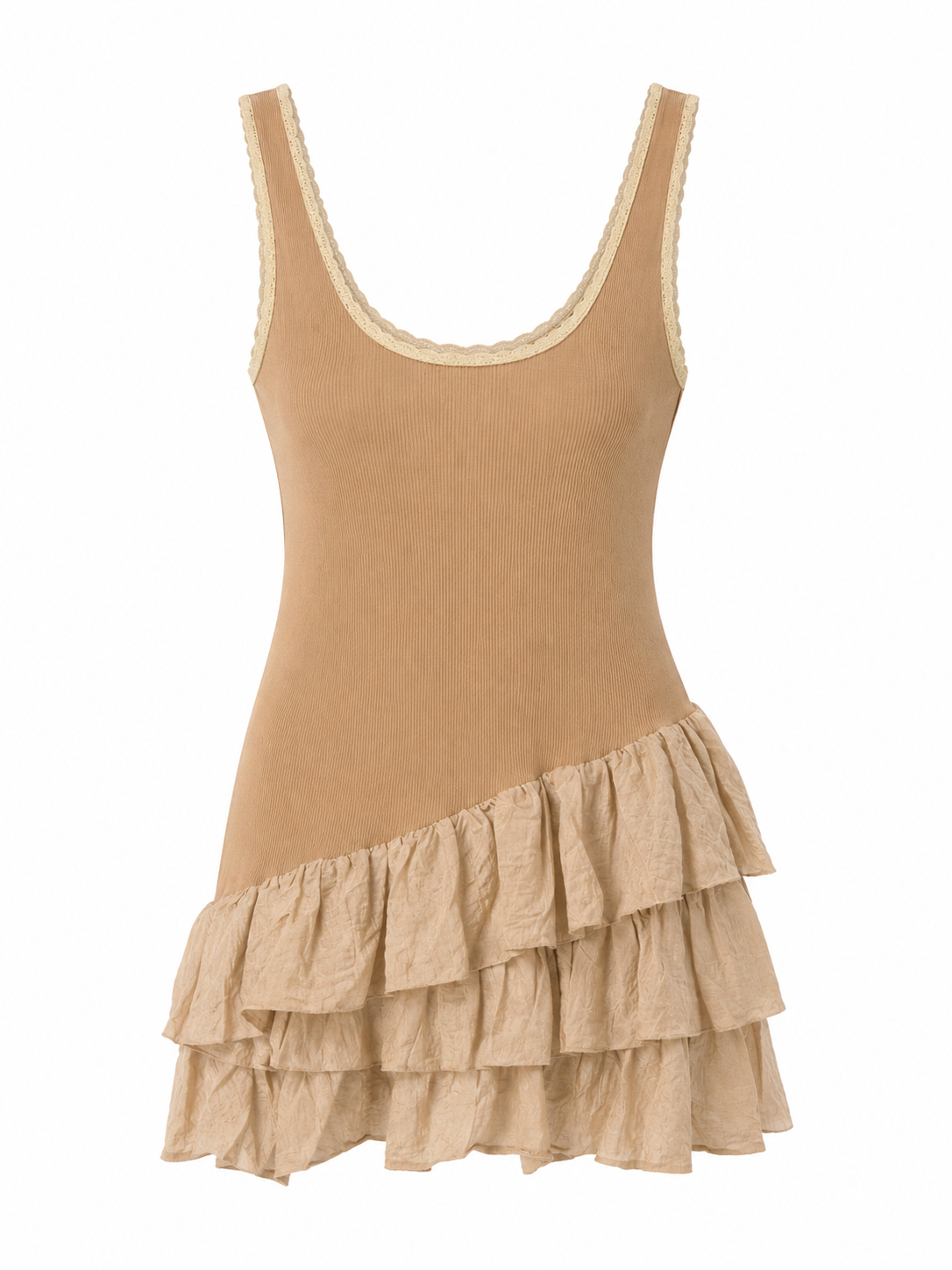 Camel ribbed tiered ruffle mini dress