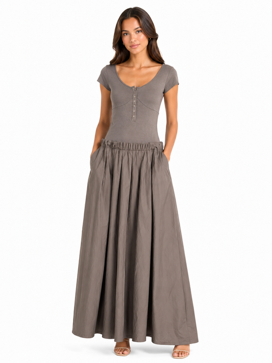 Taupe button-front pleated maxi dress