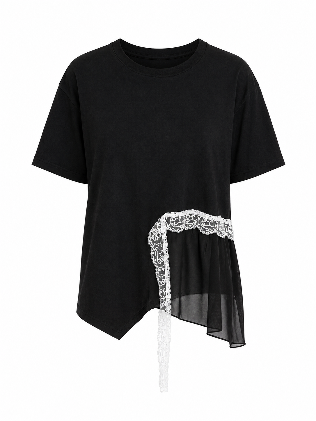 Black asymmetric lace-trim t-shirt