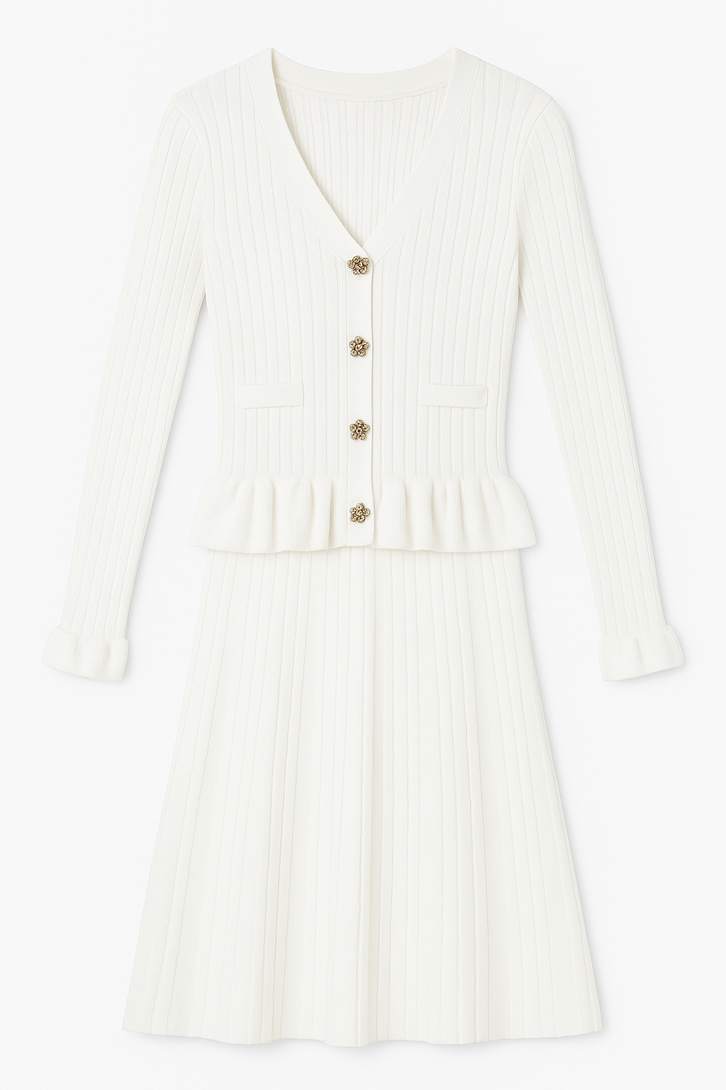 Ivory Ribbed Knit Peplum Cardigan Dress