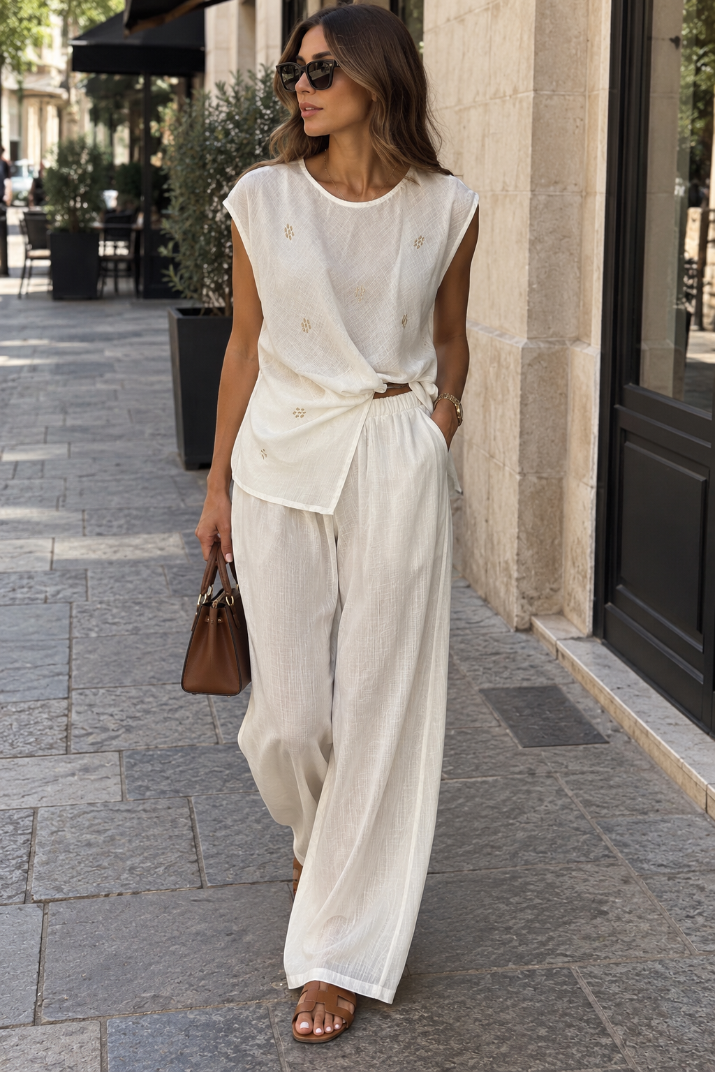 White embroidered blouse&wide-leg pants co-ord set