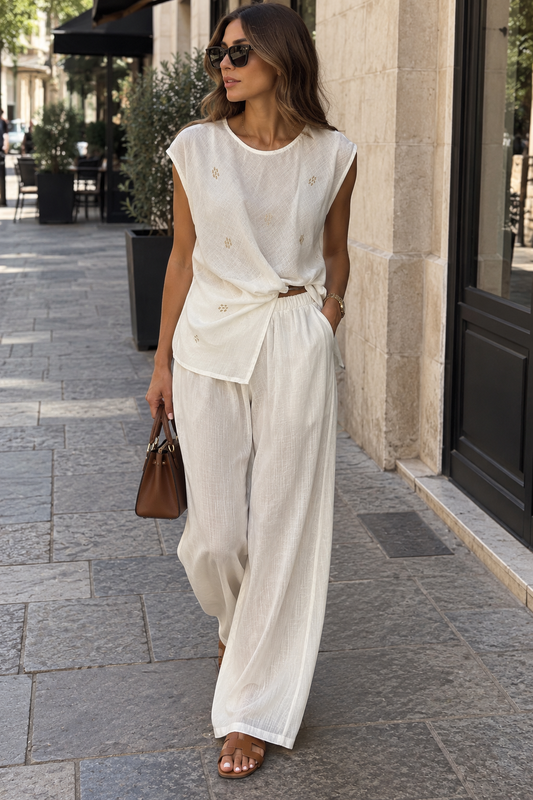 White embroidered blouse&wide-leg pants co-ord set