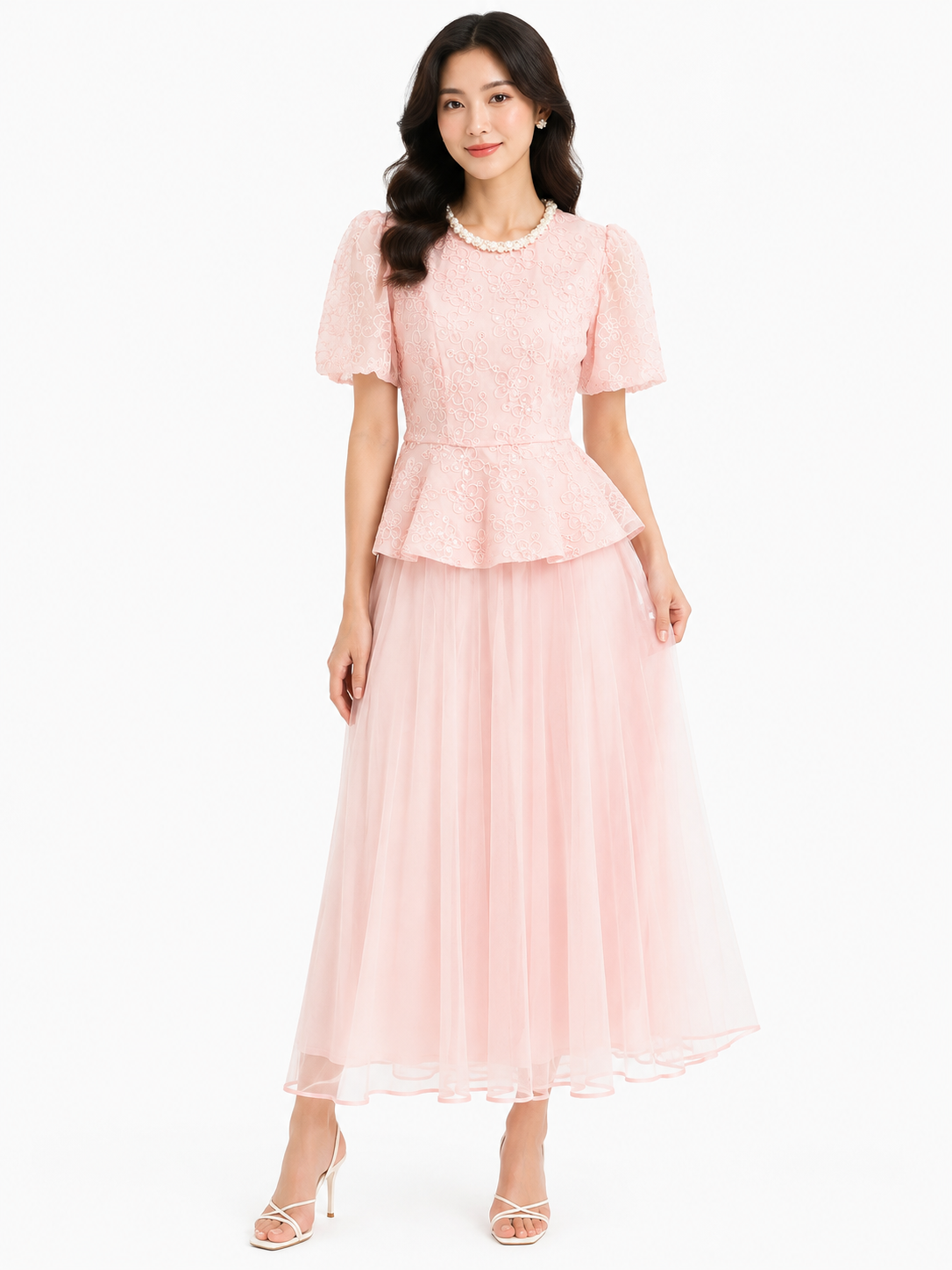 Blush floral embroidered peplum top & tulle maxi skirt set
