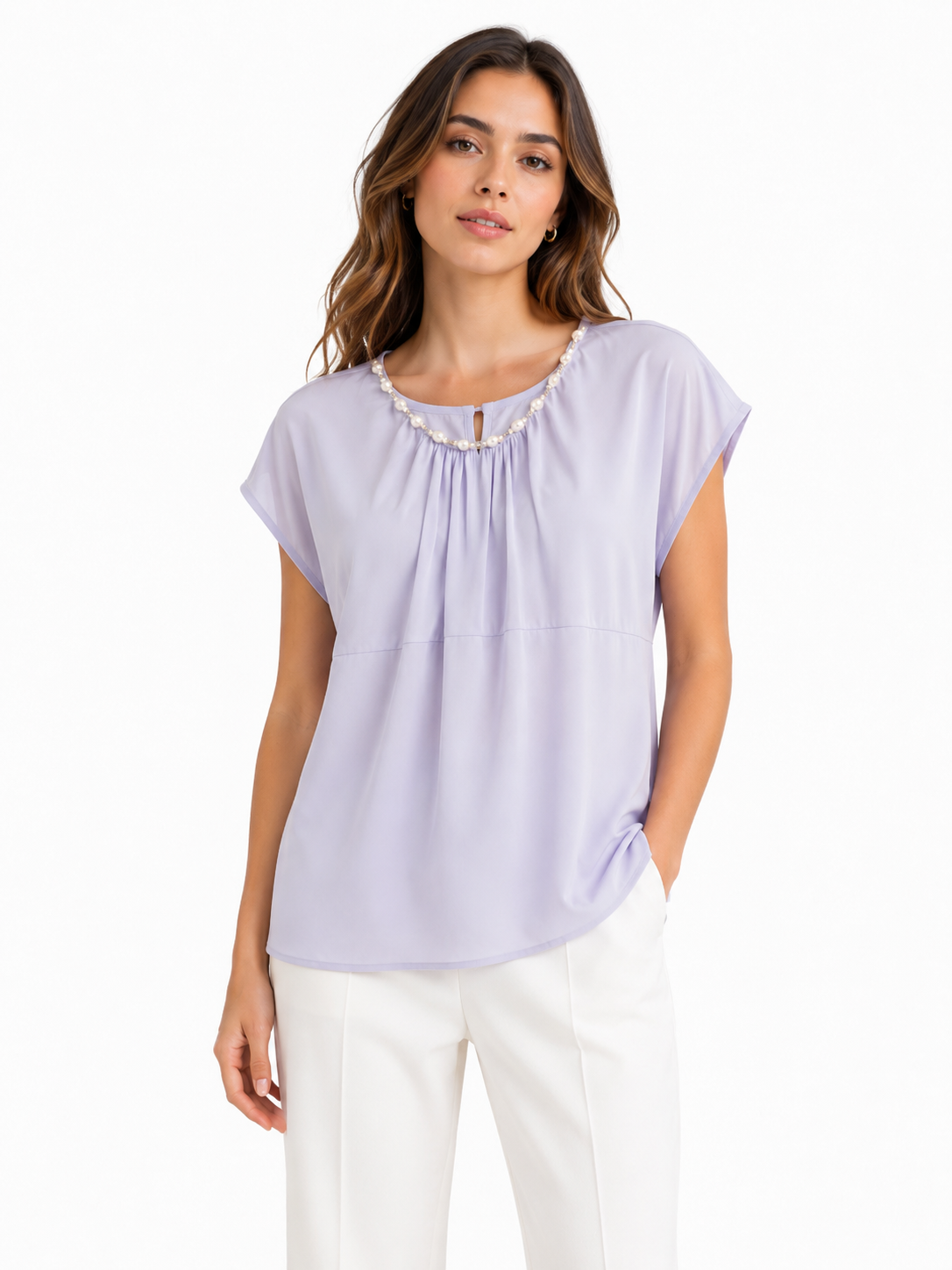 Women pearl neck pleated blouse-lilac