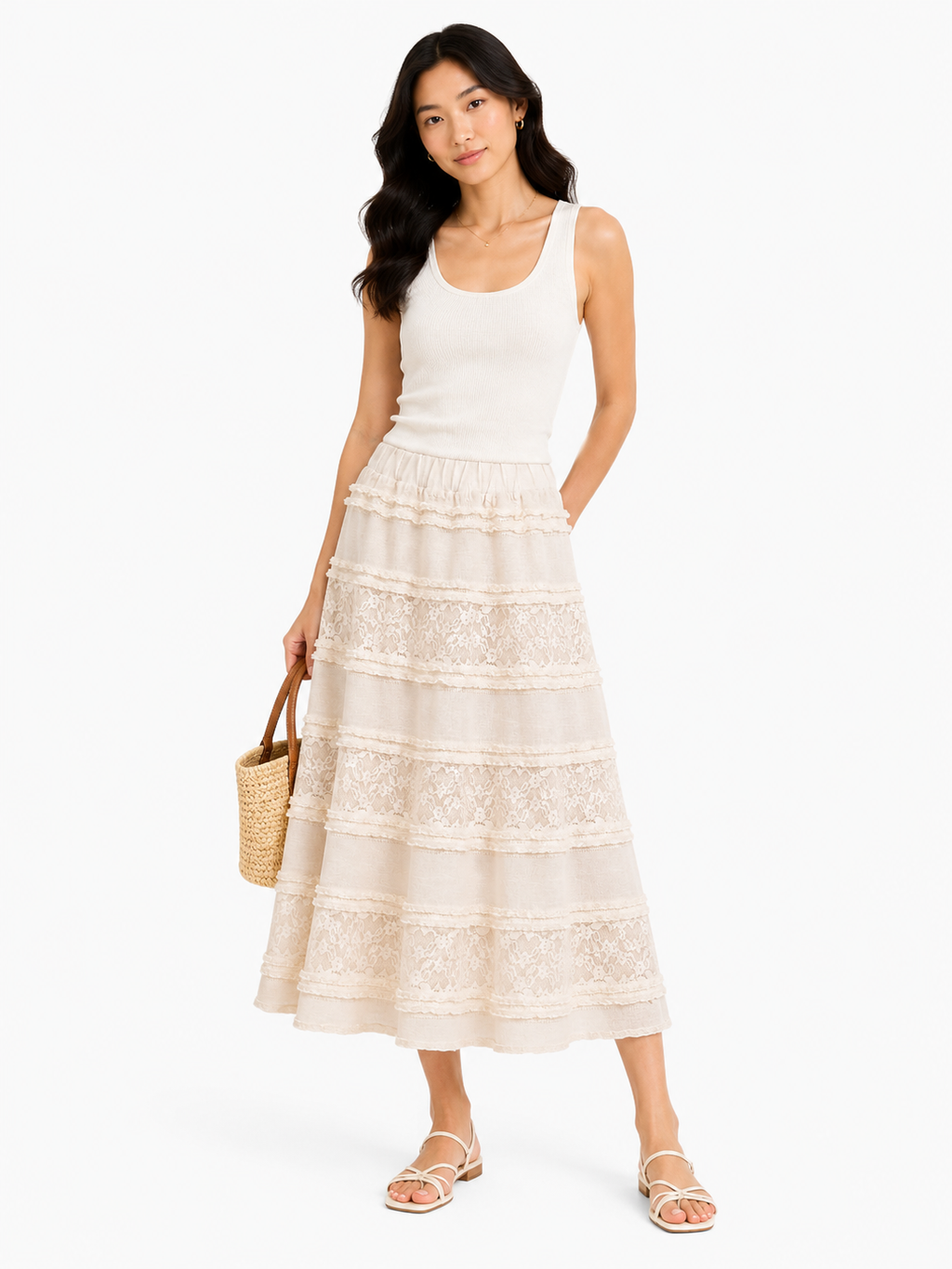 Women boho lace tiered maxi skirt